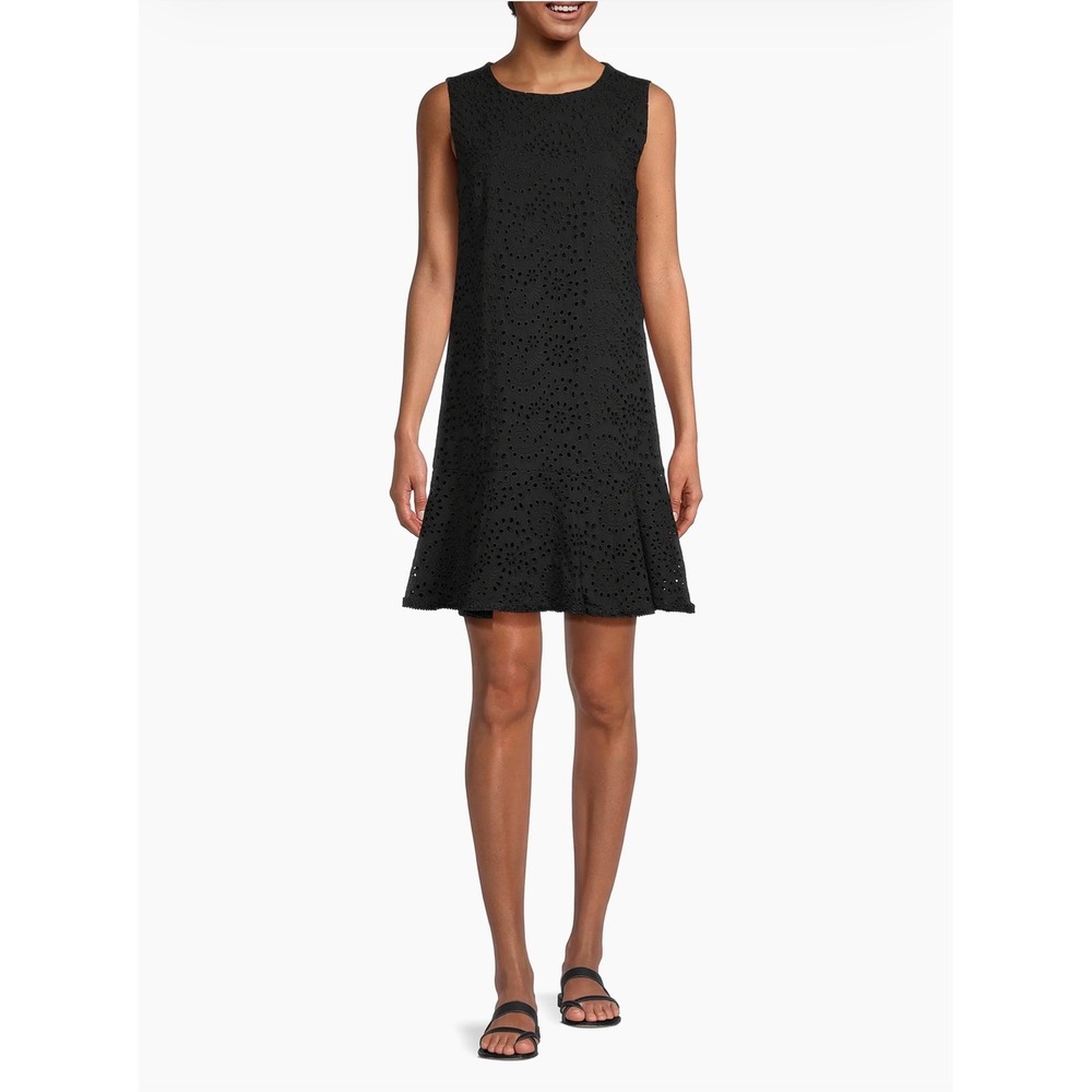 Kobi Halperin Leora Black Cotton Eyelet Shift Dress Sleeveless Fluted Hem SMALL